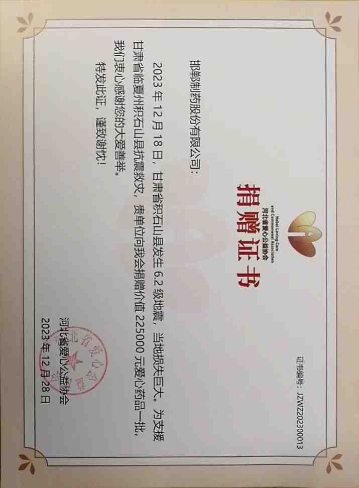 2023年通過(guò)河北省愛(ài)心公益協(xié)會(huì)為甘肅省臨夏州積石山縣捐贈(zèng)救災(zāi)物資22.5萬(wàn)。